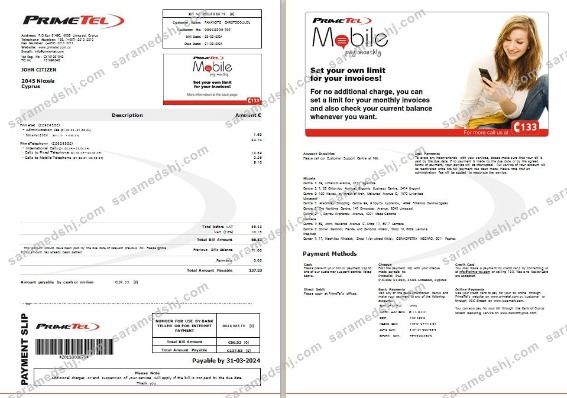 Cyprus Primetel utility bill, 2 pages